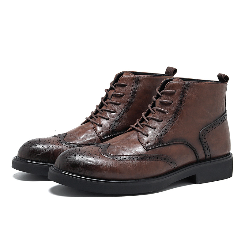 Odiniai Chelsea batai, britiško stilių, užtrauktukas, apvalus nosis, rankų darbo, brogue graviruotos detalės (Modelis 85680-R)