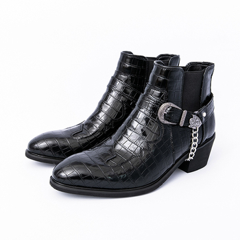 Ανδρικά δερμάτινα μποτάκια - μυτερό δάχτυλο, τακούνι 6-8 cm με κωνικό σχήμα, μεσαίο ύψος, Martens στυλ, PU επάνω μέρος