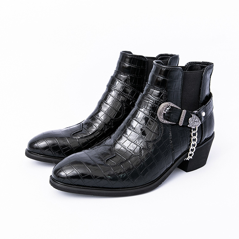 Vyriniai odiniai batai - smailus pirštas, kūginis kulnas 6–8 cm, vidutinio aukščio vamzdelis, Martenso stiliaus, PU viršus