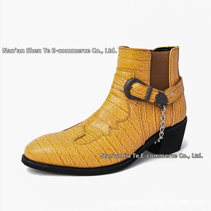 Vyriniai odiniai batai - smailus pirštas, kūginis kulnas 6–8 cm, vidutinio aukščio vamzdelis, Martenso stiliaus, PU viršus