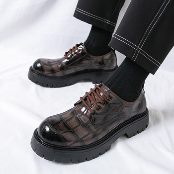 Мъжки дерби обувки с PU горна част, гумирана подметка, кръгъл нос, дебела подметка, с връзки отпред - ежедневен стил