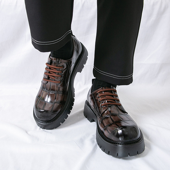 Мъжки дерби обувки с PU горна част, гумирана подметка, кръгъл нос, дебела подметка, с връзки отпред - ежедневен стил