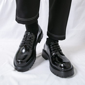 Мъжки дерби обувки с PU горна част, гумирана подметка, кръгъл нос, дебела подметка, с връзки отпред - ежедневен стил