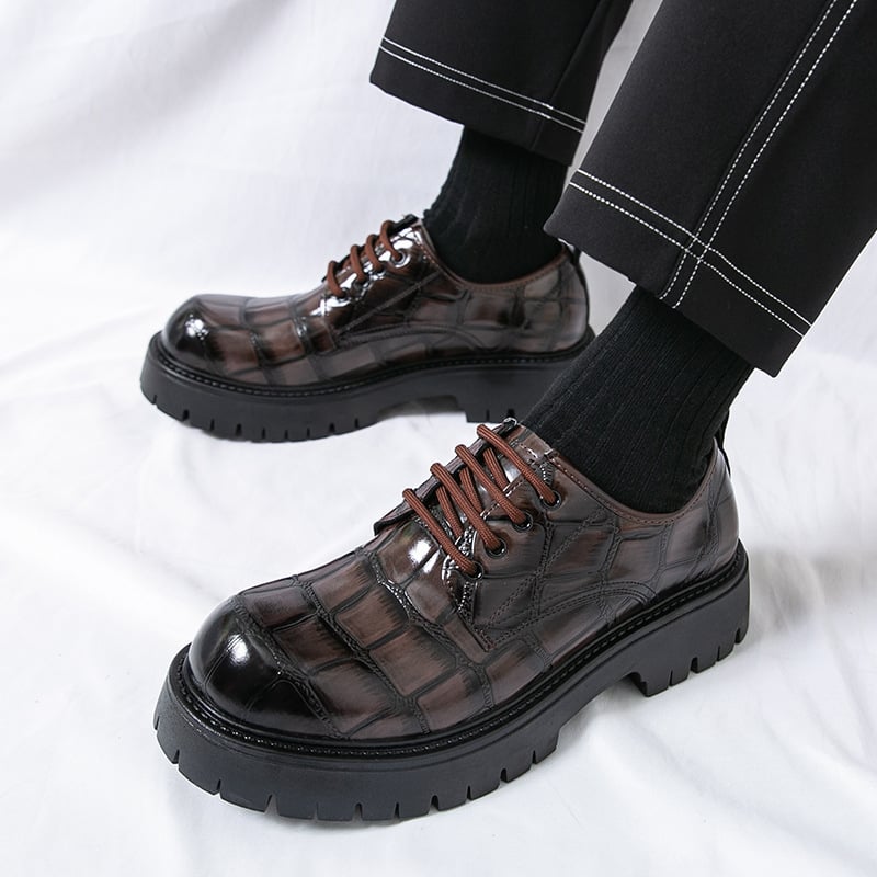 Мъжки дерби обувки с PU горна част, гумирана подметка, кръгъл нос, дебела подметка, с връзки отпред - ежедневен стил