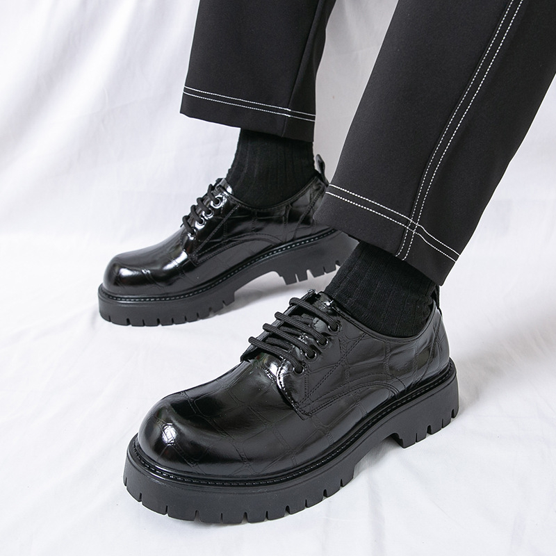 Мъжки дерби обувки с PU горна част, гумирана подметка, кръгъл нос, дебела подметка, с връзки отпред - ежедневен стил