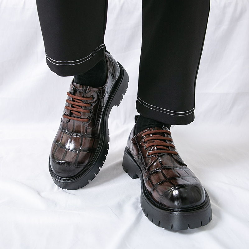 Мъжки дерби обувки с PU горна част, гумирана подметка, кръгъл нос, дебела подметка, с връзки отпред - ежедневен стил