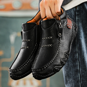 Ανδρικά μποτάκια Chelsea με χειροποίητη ραφή από Ultra-fiber δέρμα, πλαϊνό φερμουάρ, για τον χειμώνα, σόλα από καουτσούκ