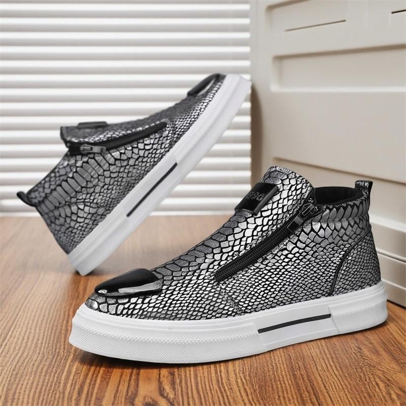 Vyriški vidutinio aukščio sportiniai bateliai su gyvatės raštu, PU viršus, apvalus pirštas, šoninis užtrauktukas, dirbtinės odos įdėklas