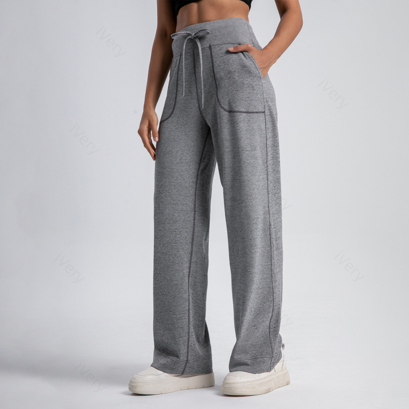 Moteriški megzti plačios kelnės su aukštu juosmeniu, ilgos, kasdienio japonų/korejiečių stiliaus, poliesterio ir viskozės mišinys, be lyginimo, rudens 2024