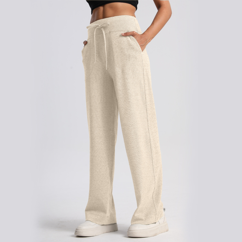 Moteriški megzti plačios kelnės su aukštu juosmeniu, ilgos, kasdienio japonų/korejiečių stiliaus, poliesterio ir viskozės mišinys, be lyginimo, rudens 2024