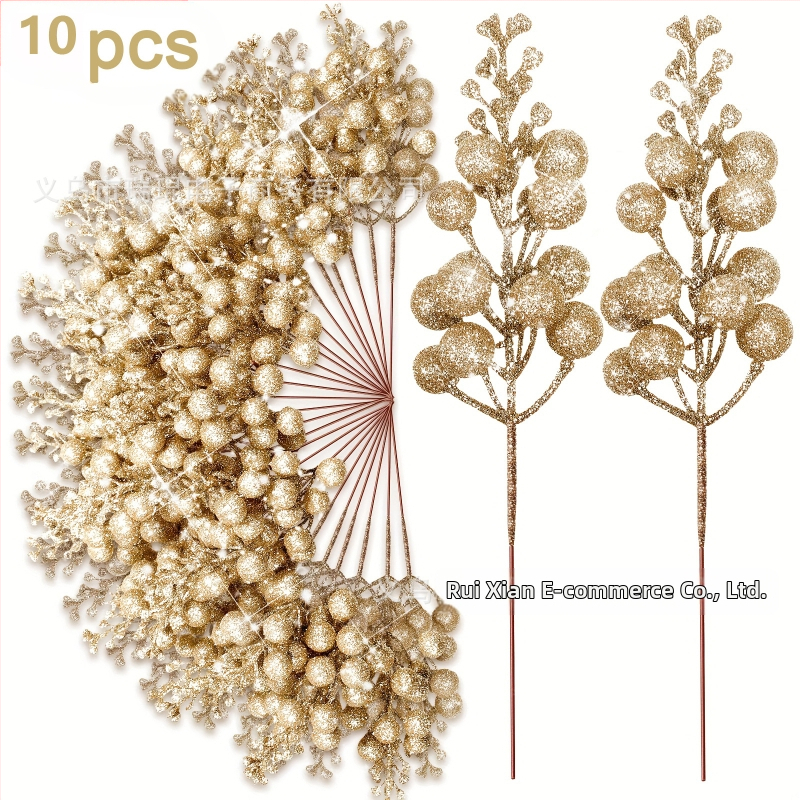 10 darabos, élethű karácsonyi aranyporos bogyó függő dísz, ideális a fa és a ház dekorációjához, modell WG425, anyagok: hab, papír, egyéb