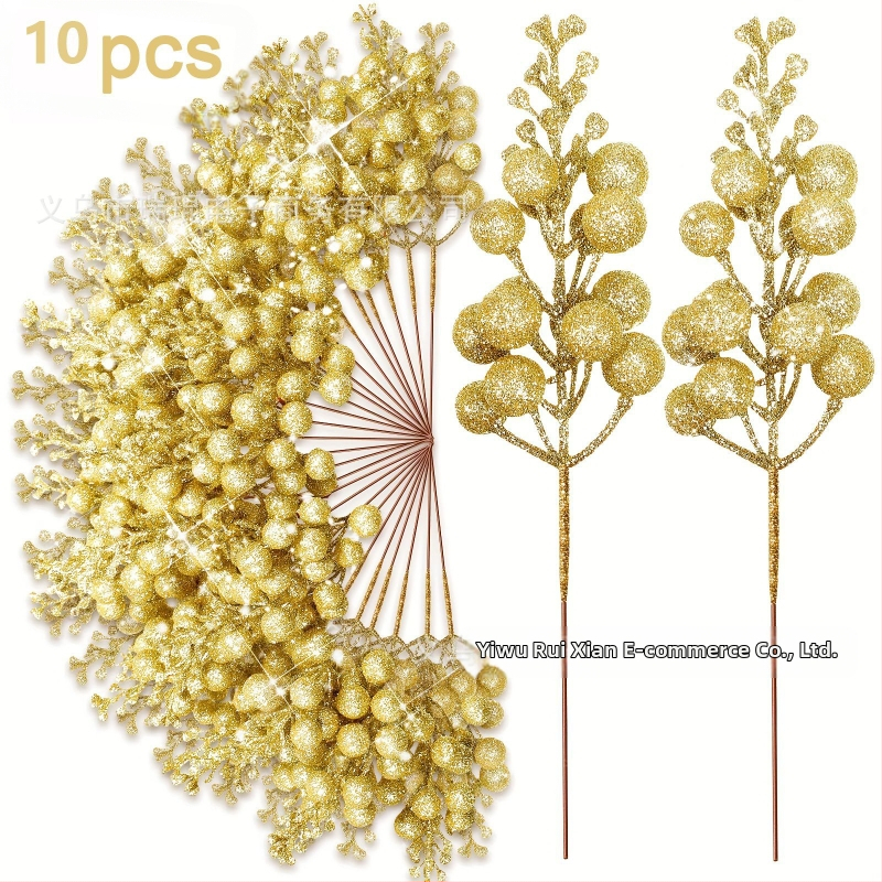 10 darabos, élethű karácsonyi aranyporos bogyó függő dísz, ideális a fa és a ház dekorációjához, modell WG425, anyagok: hab, papír, egyéb