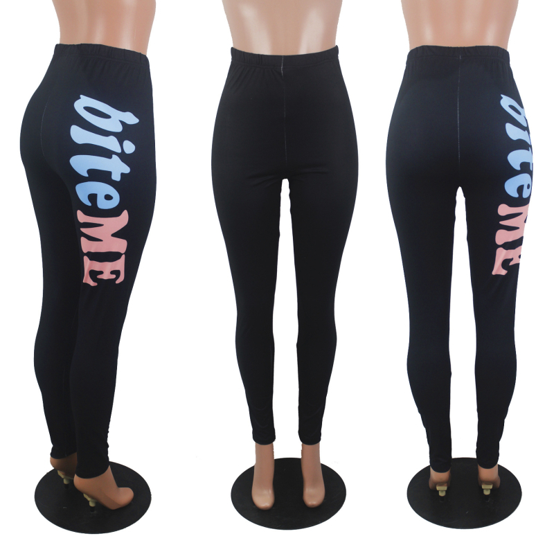 D9323 Полиестерни прави панталони със средна талия, принт с букви, дамски йога панталони