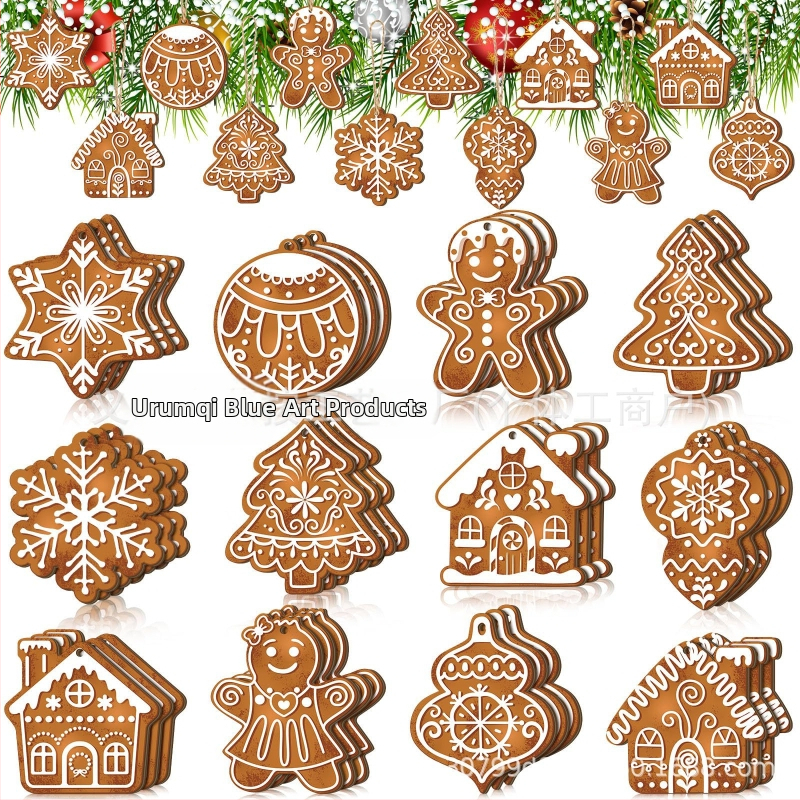 Fából készült akasztós dekoráció — karácsonyi hópehely és gyömbérsüti motívummal, modell LA-593, karácsonyi stílus