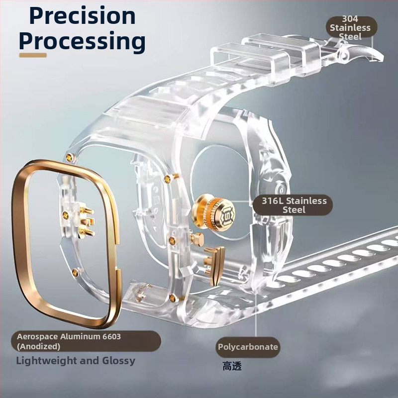 SHELLBOX Защитен калъф за Apple Watch Ultra – прозрачен кристален стил, анти падане, съвместим с Ultra 1/2/3, материали: флуоркаучук, силикон, метал