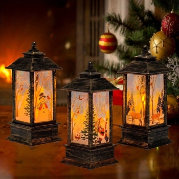 Комплект от 3 коледни фенера-ночника, стъклен абажур, геометричен 3D дизайн, батерийно захранване, 110 V, бутонен превключвател