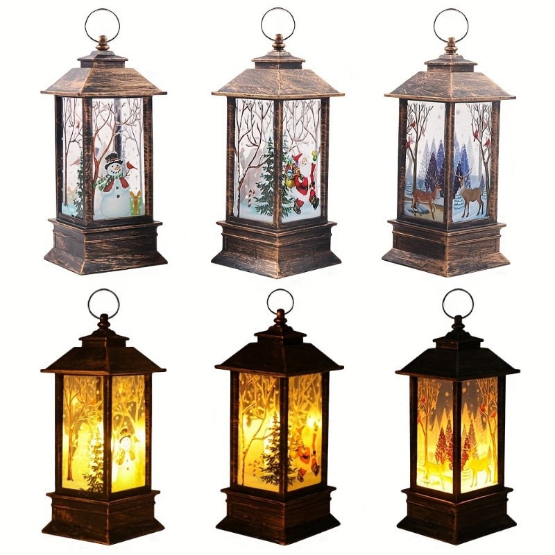 Комплект от 3 коледни фенера-ночника, стъклен абажур, геометричен 3D дизайн, батерийно захранване, 110 V, бутонен превключвател