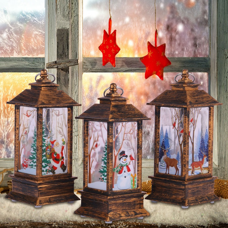 Комплект от 3 коледни фенера-ночника, стъклен абажур, геометричен 3D дизайн, батерийно захранване, 110 V, бутонен превключвател