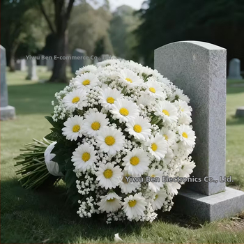 Изкуствена цветна композиция: хризантема и Baby\'s Breath; пластмаса, полу-ръчна и полу-механична изработка, за външна употреба