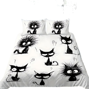 Trīsdaļīgs gultasveļas komplekts ar kaķa rakstu, 3D digitālā druka, poliestera-kokvilnas materiāls, iekļauj segas pārvalku un spilvendrānas