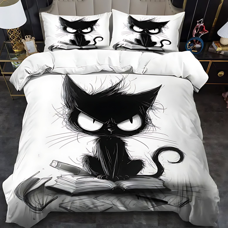 Trīsdaļīgs gultasveļas komplekts ar kaķa rakstu, 3D digitālā druka, poliestera-kokvilnas materiāls, iekļauj segas pārvalku un spilvendrānas