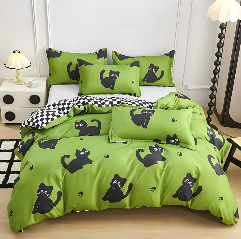 Trīsdaļīgs gultasveļas komplekts ar kaķa rakstu, 3D digitālā druka, poliestera-kokvilnas materiāls, iekļauj segas pārvalku un spilvendrānas