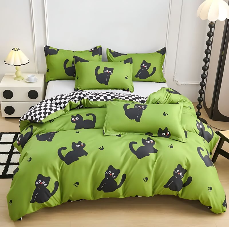 Trīsdaļīgs gultasveļas komplekts ar kaķa rakstu, 3D digitālā druka, poliestera-kokvilnas materiāls, iekļauj segas pārvalku un spilvendrānas