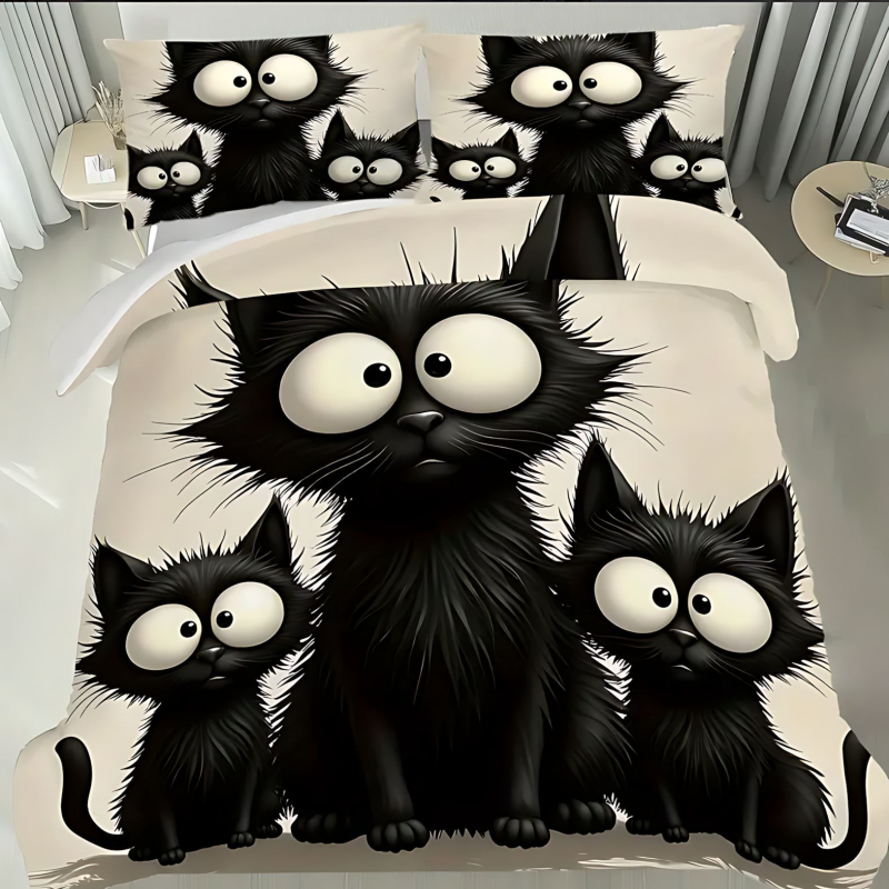 Trīsdaļīgs gultasveļas komplekts ar kaķa rakstu, 3D digitālā druka, poliestera-kokvilnas materiāls, iekļauj segas pārvalku un spilvendrānas