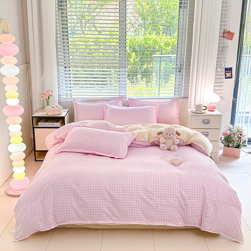 Aloe kokvilnas gultas veļas četrdaļīgs komplekts ar svītru un ģeometrisku rakstu; reaktīvā drukāšana un krāsošana; plakans lakts stils, mūsdienīgs minimālismus