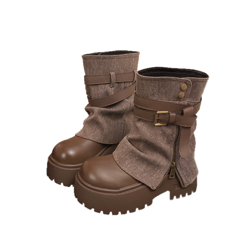 Moteriški vintage batai su mikropluošto viršutine dalimi, gumine padas, žemas šarvas, apvali nosis, vidutinio aukščio kulnas (3–5 cm), aukštis didinantis, atsparūs vandeniui, neslidūs