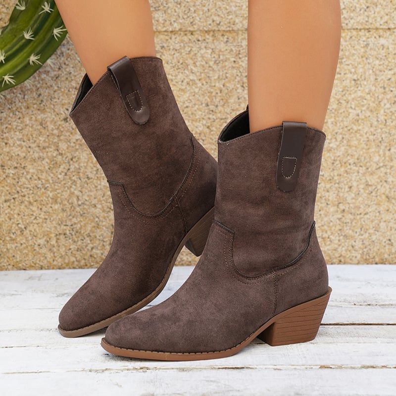 Γυναικείες σουέντ Μάρτιν μπότες με χοντρό τακούνι, μυτερό μπροστινό