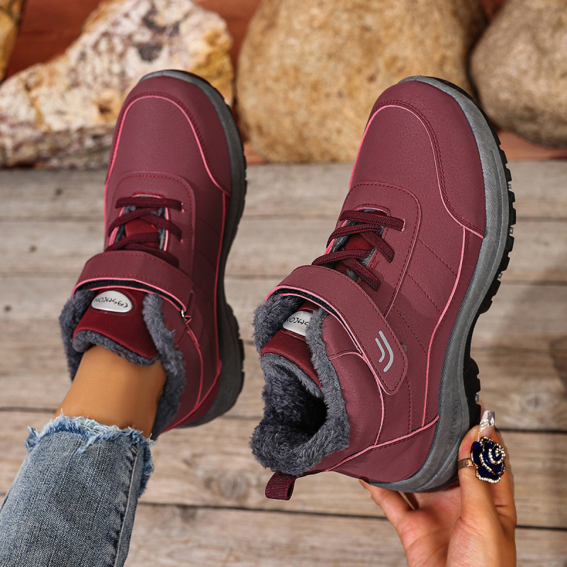 Moterų žieminiai kasdieniai bateliai - PU viršus, apvalus pirštas, dirbtinio pūko pamušalas, PVC padanga, Velcro užsegimas