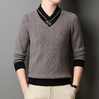 Мъжки плътен пуловер с V-образно деколте – жакардова плетка, средна дебелина, смес акрил/полиестер/найлон, машинно пране