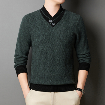 Мъжки плътен пуловер с V-образно деколте – жакардова плетка, средна дебелина, смес акрил/полиестер/найлон, машинно пране