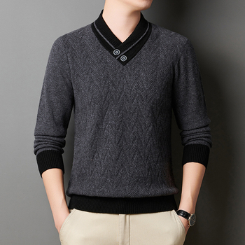 Мъжки плътен пуловер с V-образно деколте – жакардова плетка, средна дебелина, смес акрил/полиестер/найлон, машинно пране