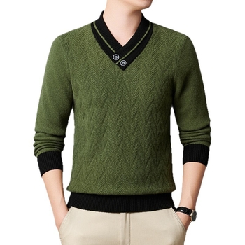 Мъжки плътен пуловер с V-образно деколте – жакардова плетка, средна дебелина, смес акрил/полиестер/найлон, машинно пране
