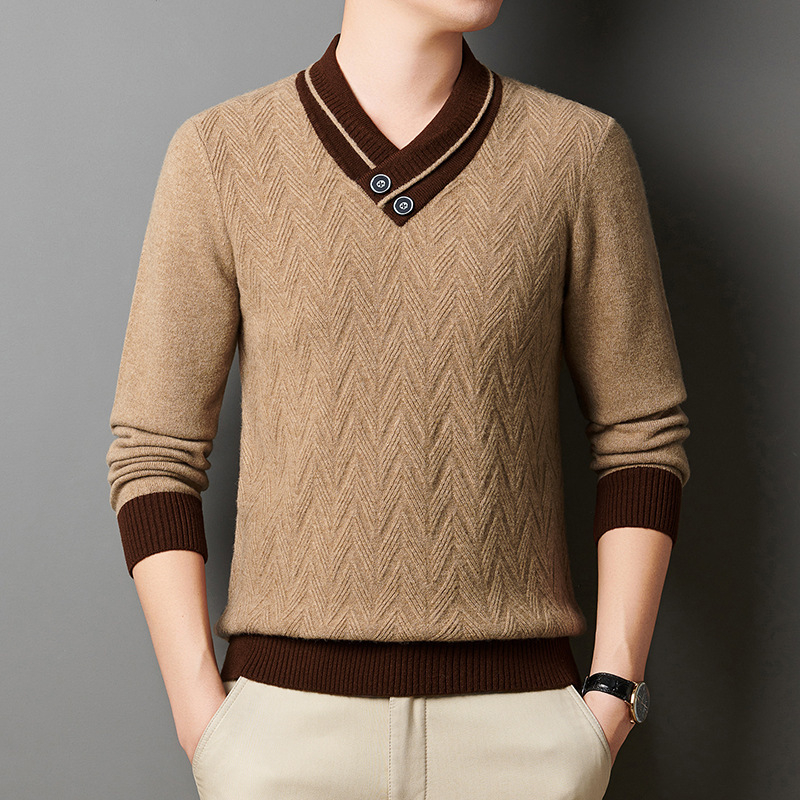 Vyrams skirtas megztinis su V kaklu, jacquard pynė, vidutinio storio, akrilo/polisterio/nylon mišinys, galima plauti mašinoje