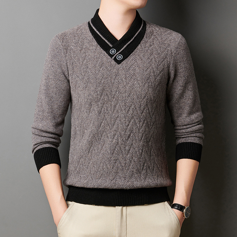 Vyrams skirtas megztinis su V kaklu, jacquard pynė, vidutinio storio, akrilo/polisterio/nylon mišinys, galima plauti mašinoje