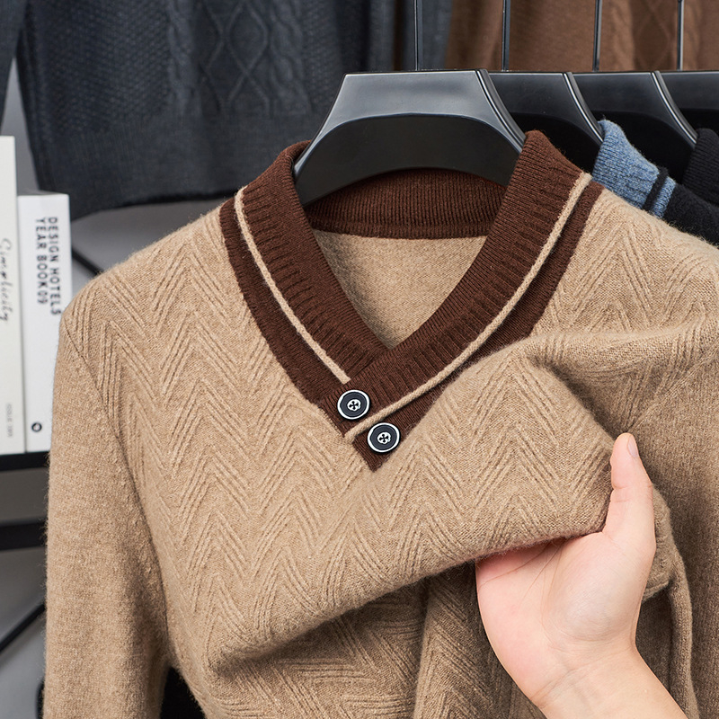 Vyrams skirtas megztinis su V kaklu, jacquard pynė, vidutinio storio, akrilo/polisterio/nylon mišinys, galima plauti mašinoje