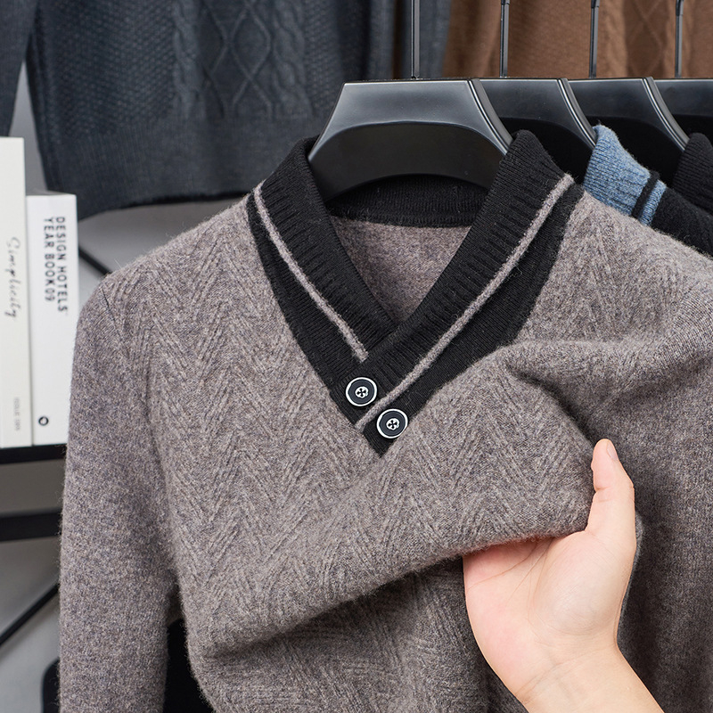 Vyrams skirtas megztinis su V kaklu, jacquard pynė, vidutinio storio, akrilo/polisterio/nylon mišinys, galima plauti mašinoje