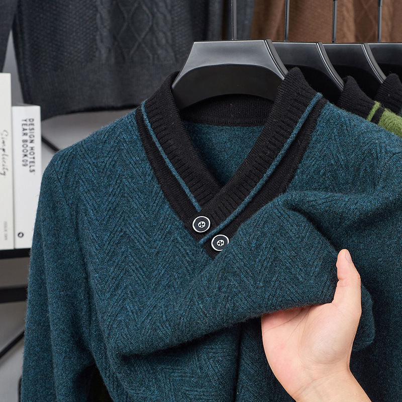 Vyrams skirtas megztinis su V kaklu, jacquard pynė, vidutinio storio, akrilo/polisterio/nylon mišinys, galima plauti mašinoje