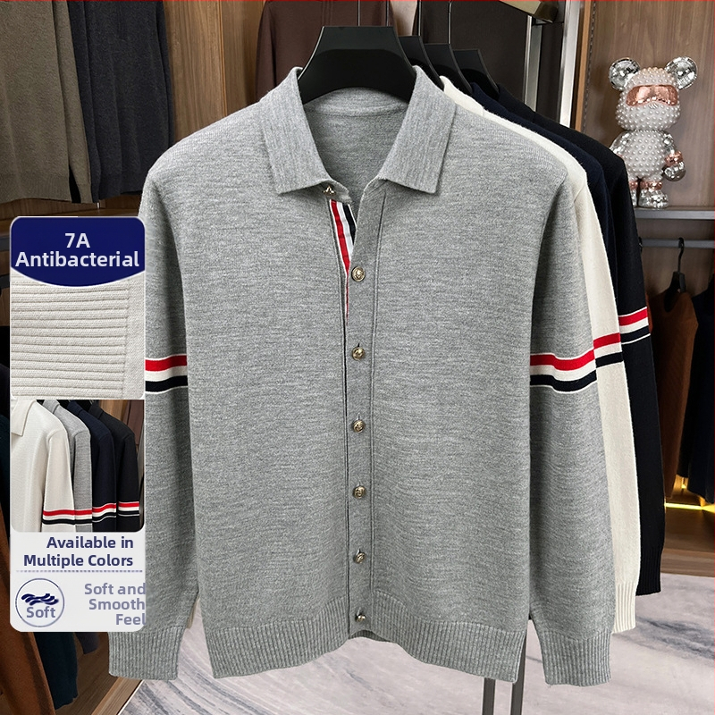 Pánsky pletený kardigán s Turn-Down golierom, dlhé rukávy, bežná hrúbka, akrylová zmes 58.7%