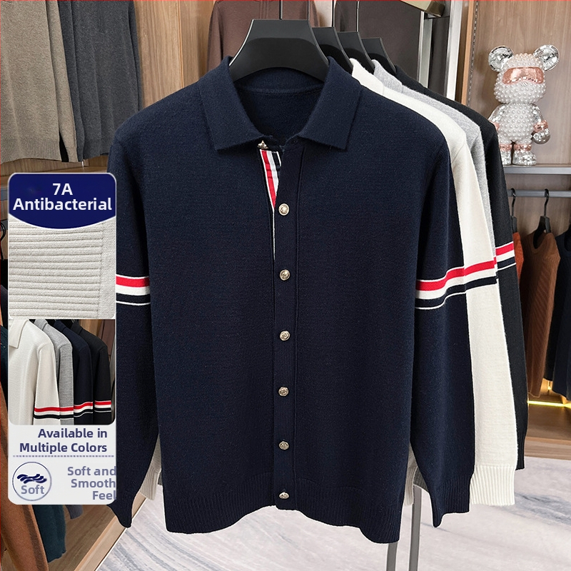 Pánsky pletený kardigán s Turn-Down golierom, dlhé rukávy, bežná hrúbka, akrylová zmes 58.7%