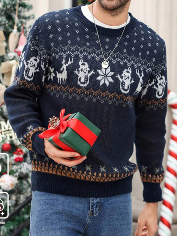 Ανδρικός πλεκτός πουλόβερ με στρογγυλό λαιμό, μακριά μανίκια, Slim Fit, ανάμειξη πολυεστέρα, χειμερινή σεζόν