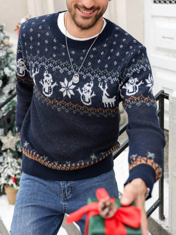 Ανδρικός πλεκτός πουλόβερ με στρογγυλό λαιμό, μακριά μανίκια, Slim Fit, ανάμειξη πολυεστέρα, χειμερινή σεζόν