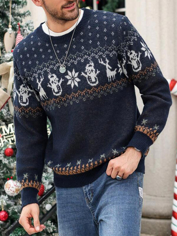 Ανδρικός πλεκτός πουλόβερ με στρογγυλό λαιμό, μακριά μανίκια, Slim Fit, ανάμειξη πολυεστέρα, χειμερινή σεζόν