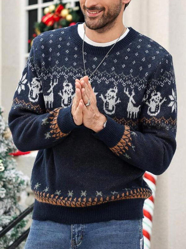 Ανδρικός πλεκτός πουλόβερ με στρογγυλό λαιμό, μακριά μανίκια, Slim Fit, ανάμειξη πολυεστέρα, χειμερινή σεζόν