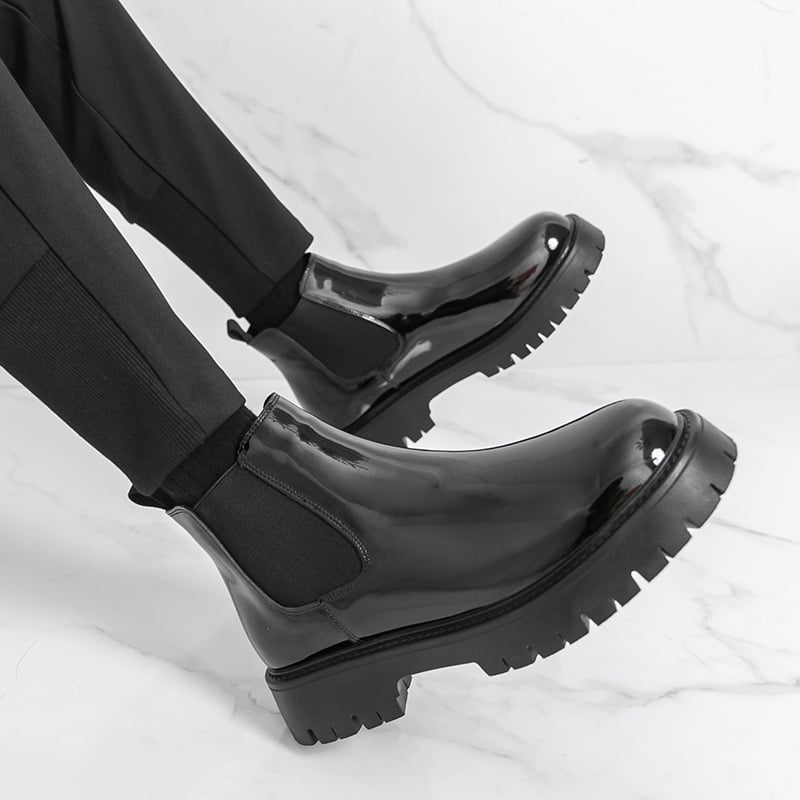 Кожени мъжки ботуши – Челси високи с патент лак покритие, до подколенника, кръгъл нос, гумена подметка, без връзки