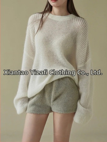 Γυναικείοι παντελόνες οικιακής χρήσης με συνθετική γούνα μινκ - ιαπωνοκορεατικό casual στυλ, ίσια γραμμή, μήκος τριών τετάρτων, ελαστική μέση, κολλάζ/ραφή, πολυεστέρας