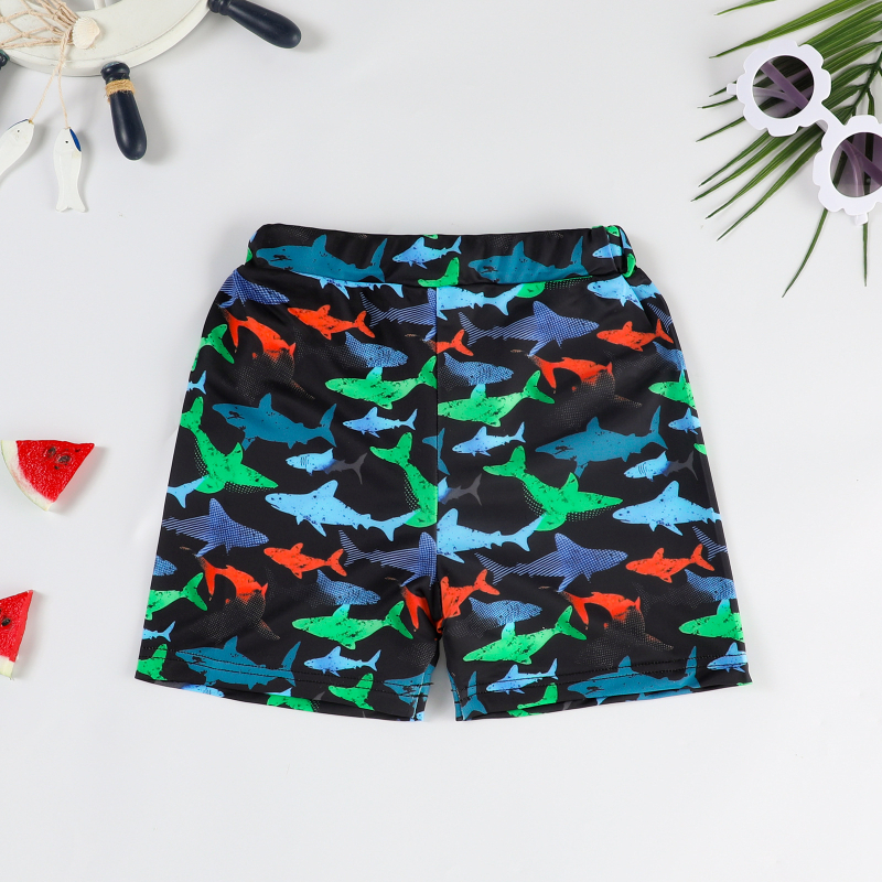 Παιδικό σετ μαγιό δύο τεμαχίων με μακριά μανίκια, εκτύπωση καρχαρία, στρογγυλός λαιμός, ελαφρύ ύφασμα πολυεστέρα 100%.